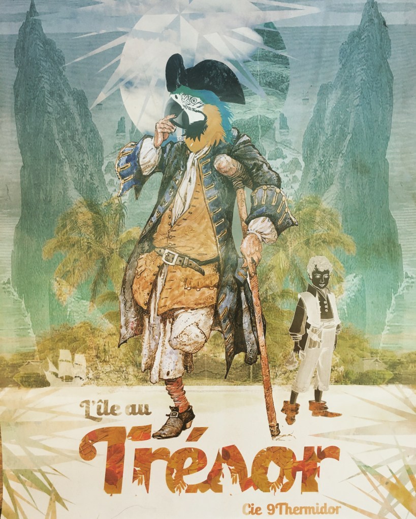 affiche du spectacle L'île au trésor par la compagnie 9 thermidor. composition et interprétation au violoncelle par Pierre Burette